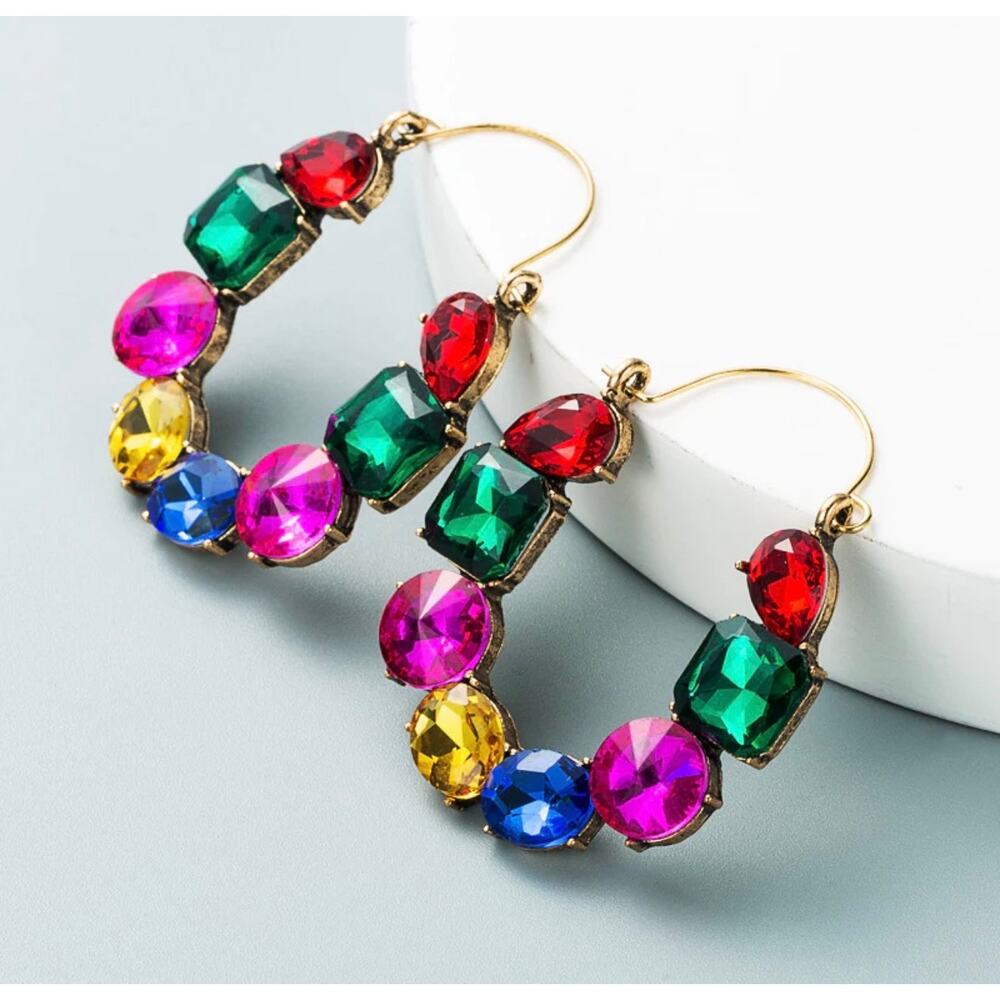 Festival Multi-Color Rhinestone Hoop Earrings NWT